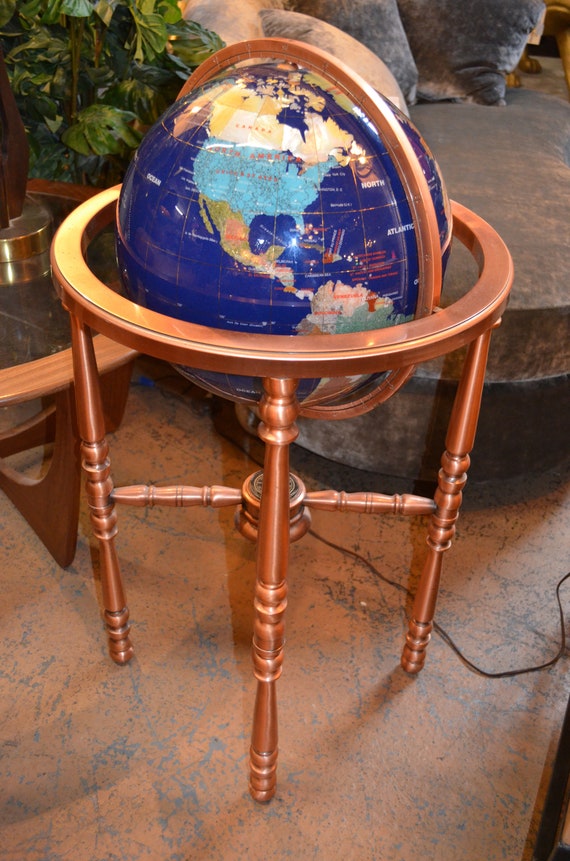 Vintage Lapis Gemstone Globe Copper Floor Stand Etsy