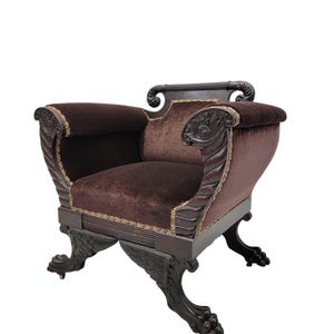 American Empire Mahogany Armchair Newly Reupholstered in Mohair