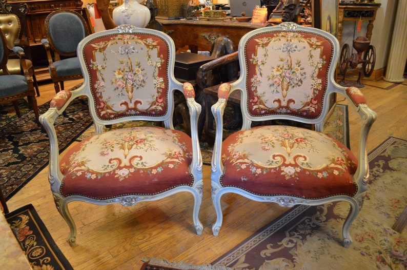Antique Pair Of Victorian Hand Carved Needlepoint Armchairs Original Fabric