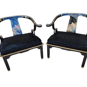 Mid Century Modern James Mont Chinoiserie Style Horseshoe Chairs Newly Upholstered - Pair