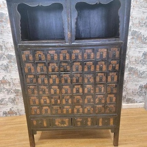 Antique Shanxi Province Hand Painted Black Lacquer Apothecary/Medicine Cabinet