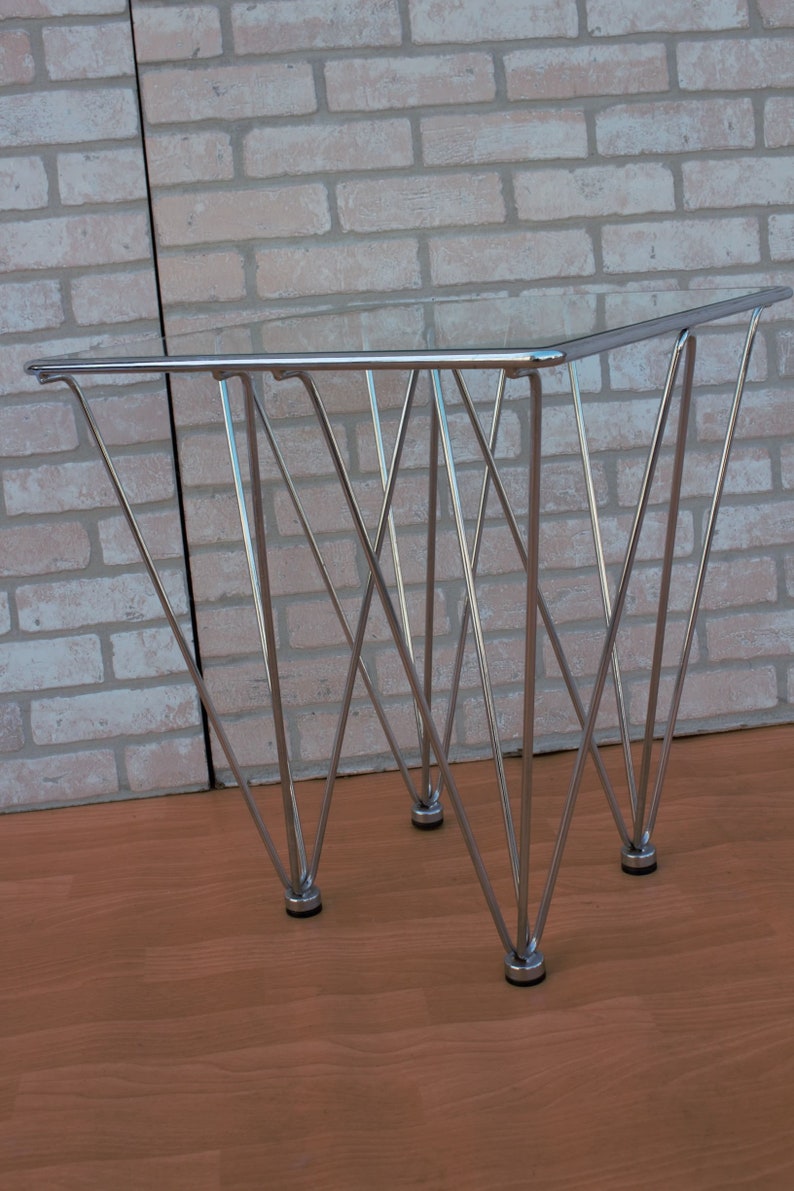 Mid Century Modern Geometric Inverted Pyramidal Chrome Base Glass Top Cocktail Side Table In the Style of Paolo Piva image 4