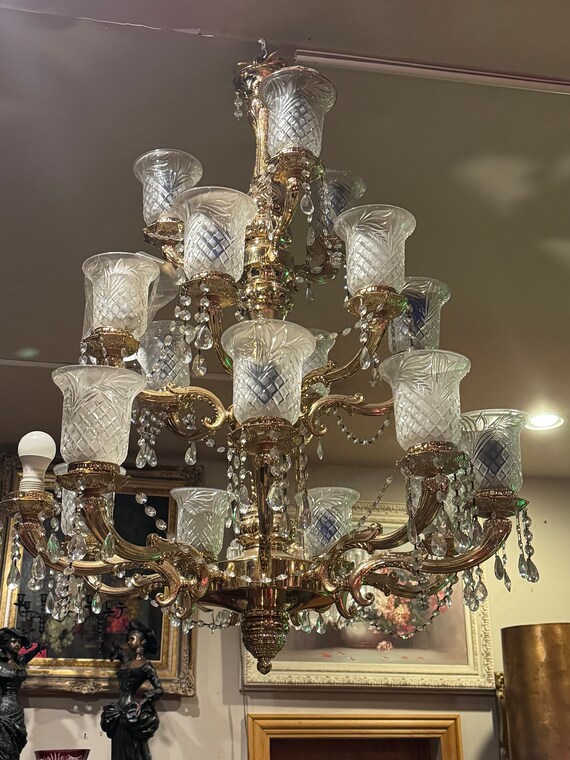 Antique Victorian Three Tier Brass With Cut Crystal Shades