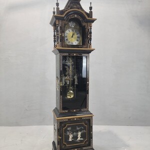 Vintage Wai Hing Clocks Co. Chinossorie Black Lacquer Hand-Painted Mother of Pearl inlaid German Movement Tempus Fugit Grandfather Clock