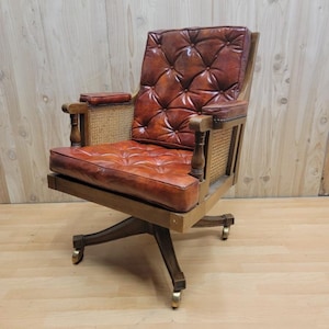 Vintage English William IV Style Button Tufted Leather Swivel Armchair By Baker