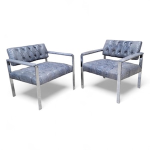 Mid Century Modern Milo Baughman Style Chrome Button Tufted Lounge Chairs Newly Upholstered in Leather - Pair