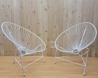 Modernist White Wire Garden Chairs in the Manner of Mathieu Matégot - Pair