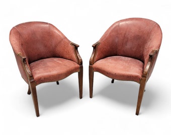Antique English Edwardian Mahogany Tub Chairs in Leather - Pair