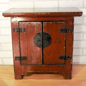 Antique Authentic Chinese Red Lacquer Kang 2 Door Cabinet