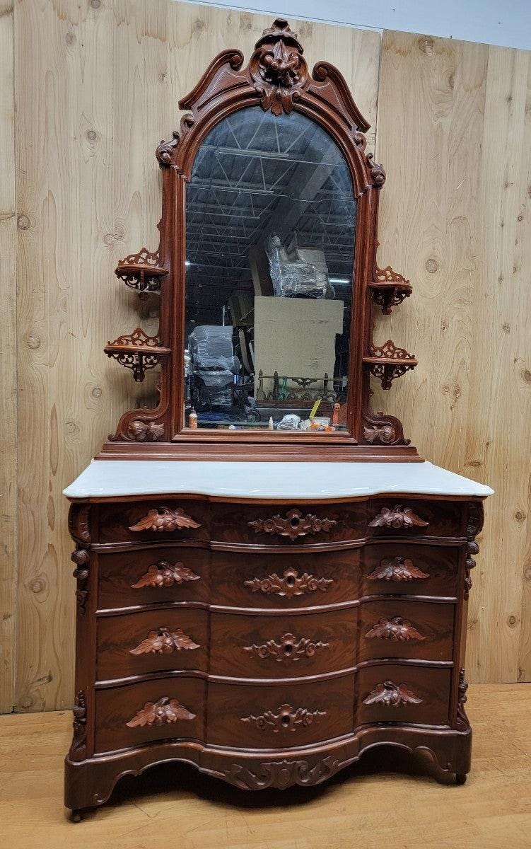 Antique Victorian Flame Mahogany Marble Top Dresser With Antique Victorian Flame Mahogany Marble Top Dresser With