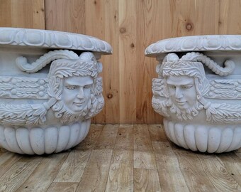 Antique Monumental Neoclassical Hand Sculpted Italian White Marble Figural Planters - Set of 2