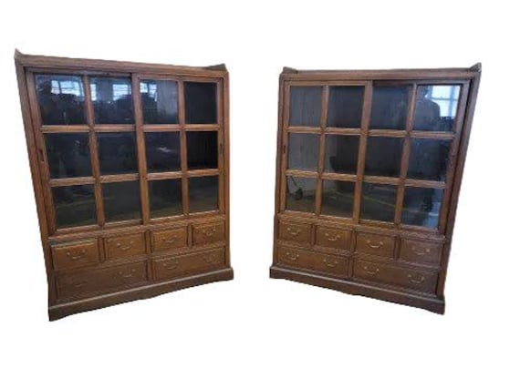 Vintage Chinese Sliding Door Elm Display Cabinet - Pair
