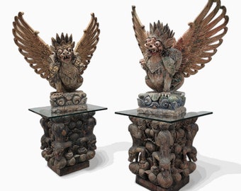 Antique Hand Carved Polychromed Balinese Garuda Statues on Glass Top Side-Table/Pedestals - Set of 2