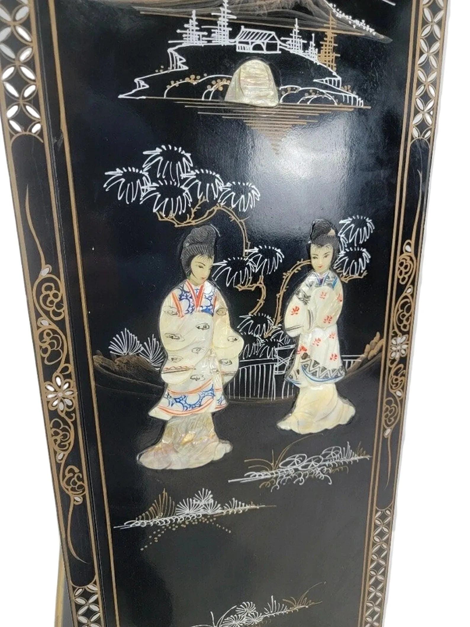 Vintage Wai Hing Clocks Co. Chinoiserie Black Lacquer Hand-painted