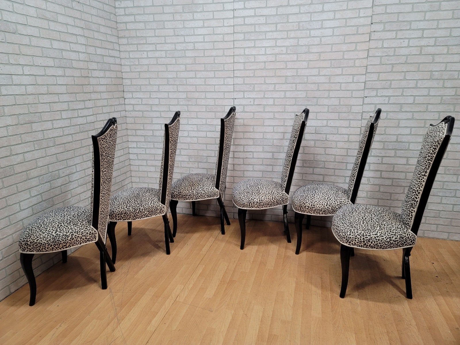 French Art Deco Dining Chairs Black Wood Frame and Black and White