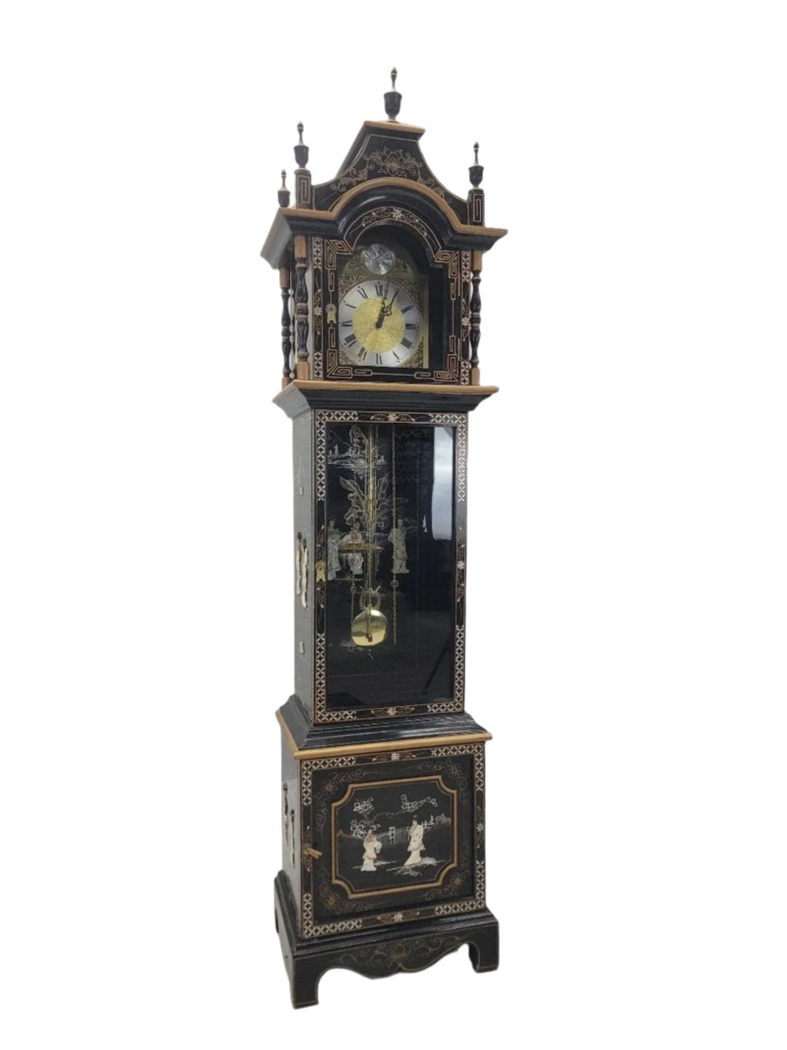 Vintage Wai Hing Clocks Co. Chinoiserie Black Lacquer Hand-painted