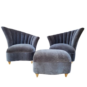 Art Deco Asymmetrical Channel Fan Back Lounge Chairs and Ottoman Newly Upholstered - 3 Piece Set