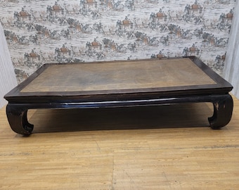 Elegant Antique Elm and Woven Rattan Top Opium Bed Coffee Table