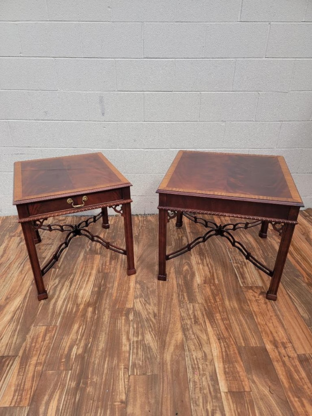 Vintage Chippendale Style Flame Mahogany Side Tables by Drexel