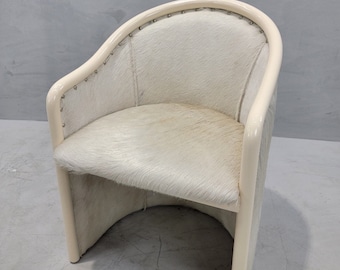 Vintage Italian Refinished Cream Lacquer Barrel Back Occasional Chair by Tonon Newly Reupholstered in Brazilian Cowhide w/ Nail head finish
