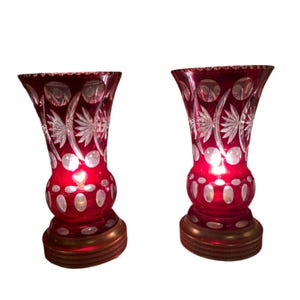 Antique Cranberry Crystal Table Lamps - Pair