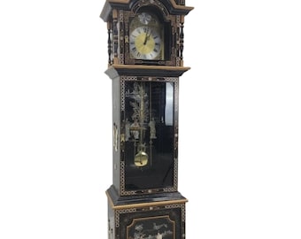 Vintage Wai Hing Clocks Co. Chinoiserie Black Lacquer Hand-Painted Mother of Pearl inlaid German Movement Tempus Fugit Grandfather Clock