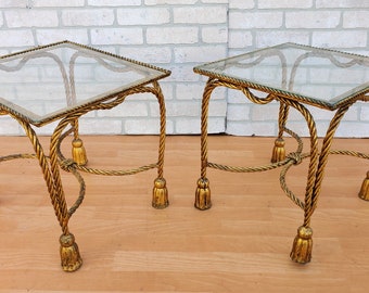 Hollywood Regency Italian Gold Gilt Rope and Tassel Square Glass Top Side Tables - Pair