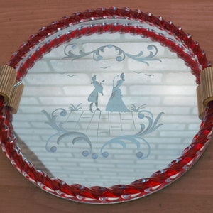 Vintage Italian Hollywood Regency Murano Glass Etched Mirror Vanity Tray by Ercole Barovier