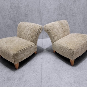 Mid Century Modern Swedish Scroll Back Slipper Chairs Newly Upholstered in Natural Sheeps-Wool - Pair