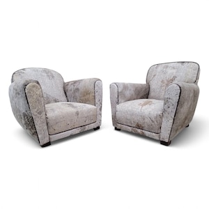 Vintage French Art Deco Club Chairs Newly Upholstered in Light Grey Cowhide - Set of 2