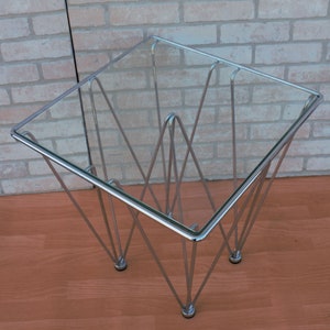 Mid Century Modern Geometric Inverted Pyramidal Chrome Base Glass Top Cocktail Side Table In the Style of Paolo Piva image 2