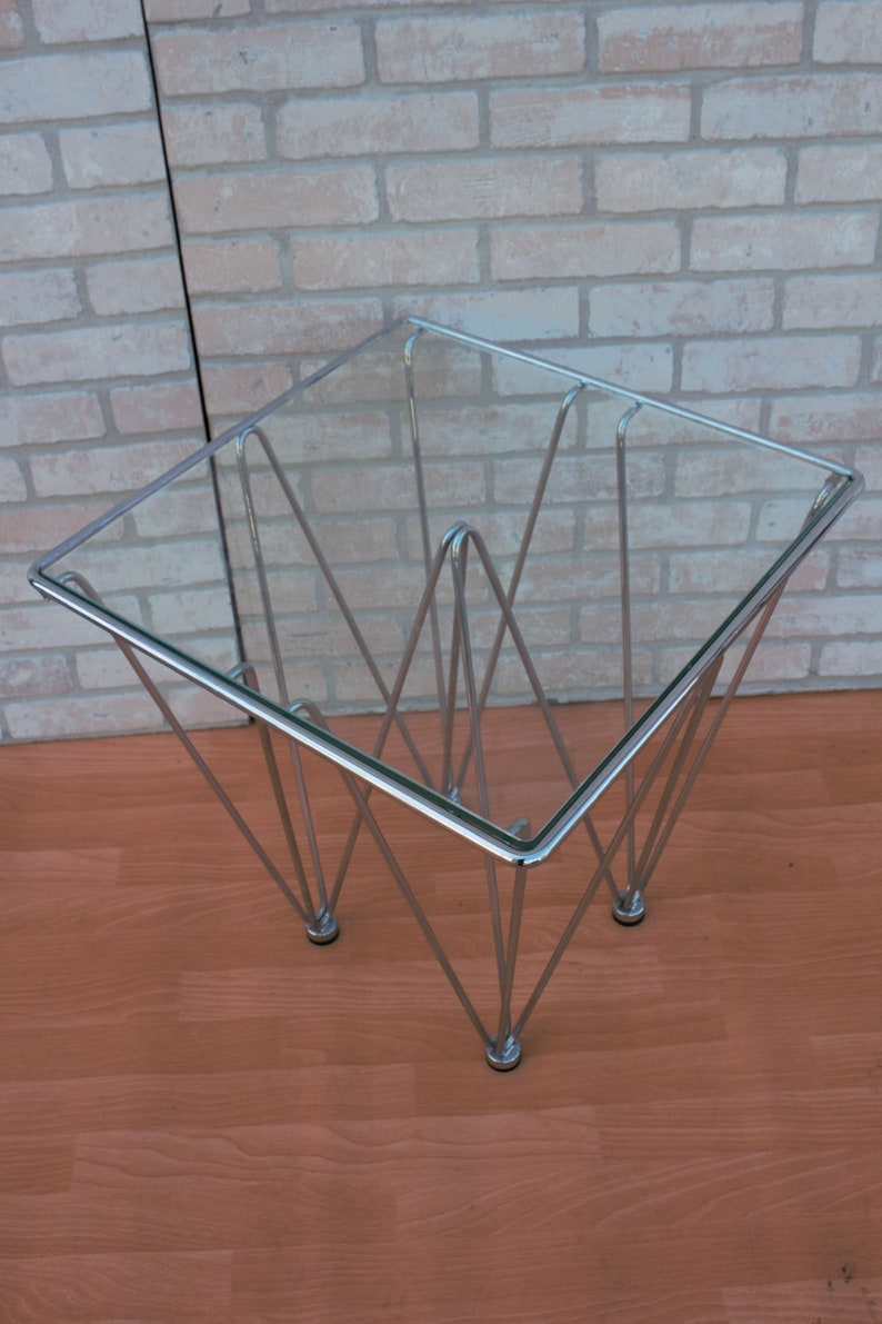 Mid Century Modern Geometric Inverted Pyramidal Chrome Base Glass Top Cocktail Side Table In the Style of Paolo Piva image 2