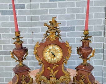 Antique French Victorian Paris H. Luppens Mantel Clock and 2 Candelabras - Garniture Set