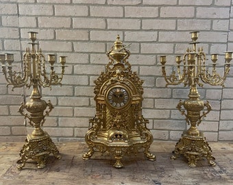 Antique Victorian Ornate Mantel Clock and 2 Candelabras - Garniture Set