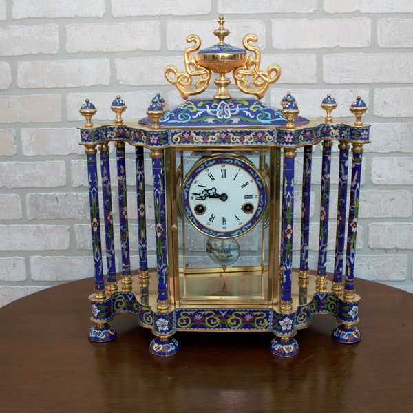 Vintage Chinese Cloisonne Enamel Wind Up 7 Day Chiming Table Clock