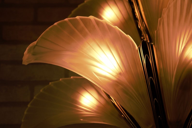Art Deco Italian Murano Glass and Brass Palm Tree Leaf Two Tier Chandelier