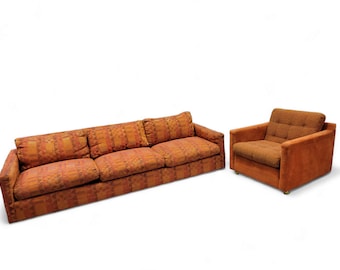 Mid Century Modern Milo Baughman Tuxedo Sofa & Cube Chair For Thayer Coggin - 2 Piece Set