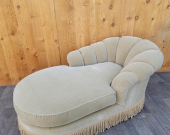 Vintage Marge Carson Style Channel Back Chaise Lounge Newly Upholstered In "Crème-Latte" Mohair with Hemp Skirt