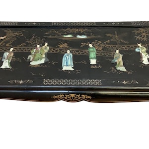 Mid Century Modern Black Lacquer Chinoiserie Coffee Table with Mother Of Pearl Inlays
