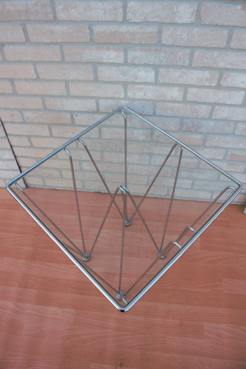 Mid Century Modern Geometric Inverted Pyramidal Chrome Base Glass Top Cocktail Side Table In the Style of Paolo Piva image 6