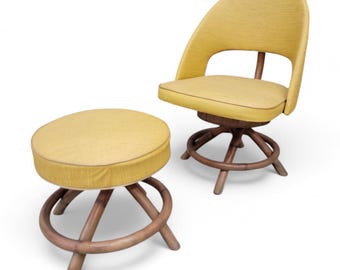 Mid Century Modern Saarinen Style Rattan Swivel Base Chair and Ottoman