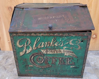 Antique C.F. Blanke Tea and Coffee Company Exposition Brand Green Tin Coffee Bin