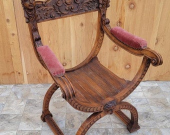 Vintage Carved Wood Savonarola Chair, Renaissance Revival