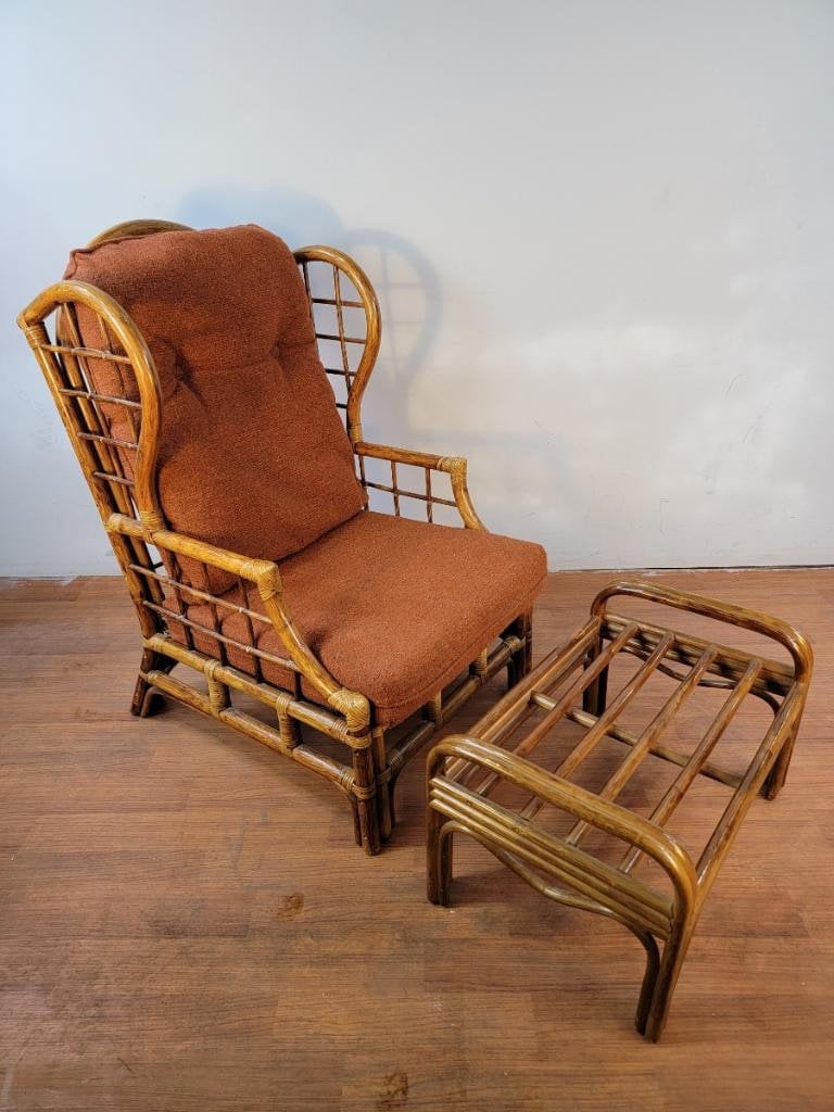 Mid Century Modern Rattan Wicker and Bamboo Framed Wingback Chair