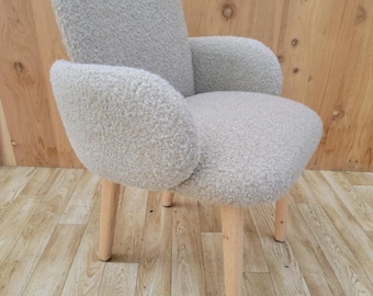 Dost Wood Base Accent Side Chair By Puik Newly Upholstery In a Boucle