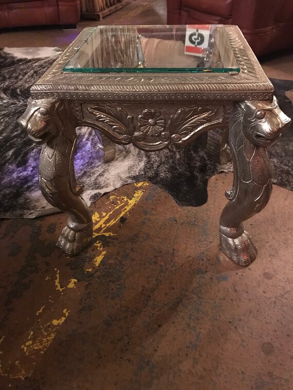 Metal Side Table With Glass Middle And Lion Head Legs