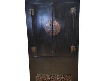 Antique Shanxi Province Elm Cabinet with Carved Apron