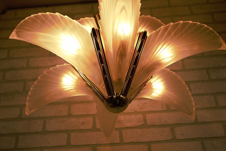 Art Deco Italian Murano Glass and Brass Palm Tree Leaf Two Tier Chandelier