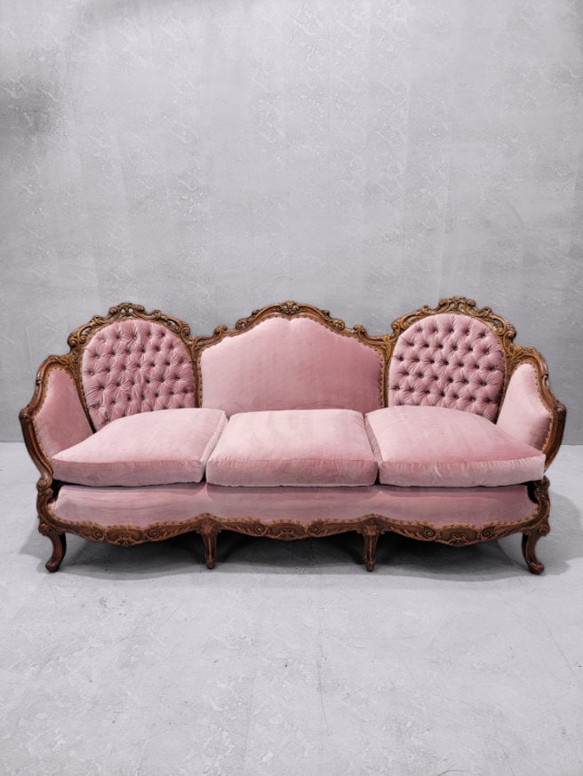 Antique Victorian French Walnut Carved Tufted Back Bergere Parlor Sofa Newly Upholstered in Velvet Etsy