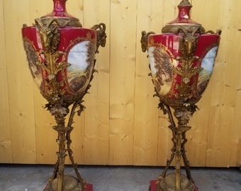 Antique French Ornate Rams' Head Ormolu Mounted Hand Painted Porcelain Sèvres Lidded Urn Vases - Pair